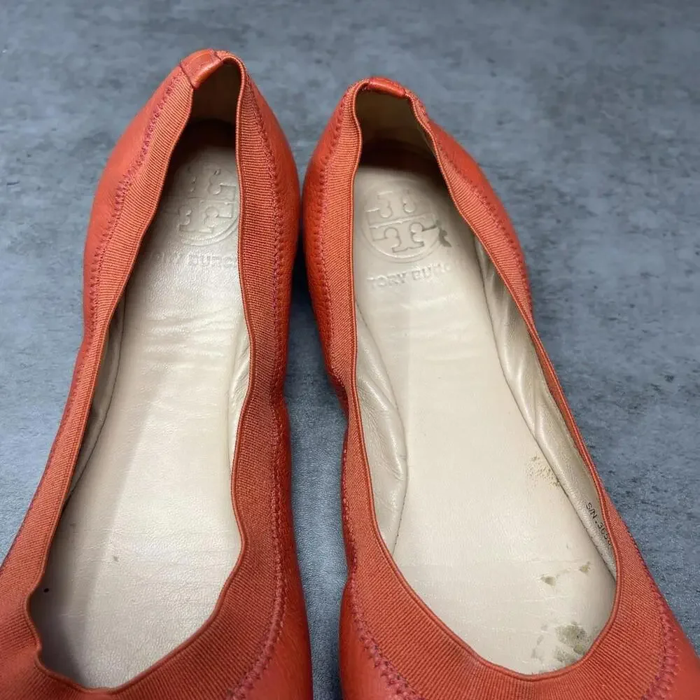 Tory Burch Flats Womens Size 7 Minnie Ballet Orange Leather Slip On Shoes
